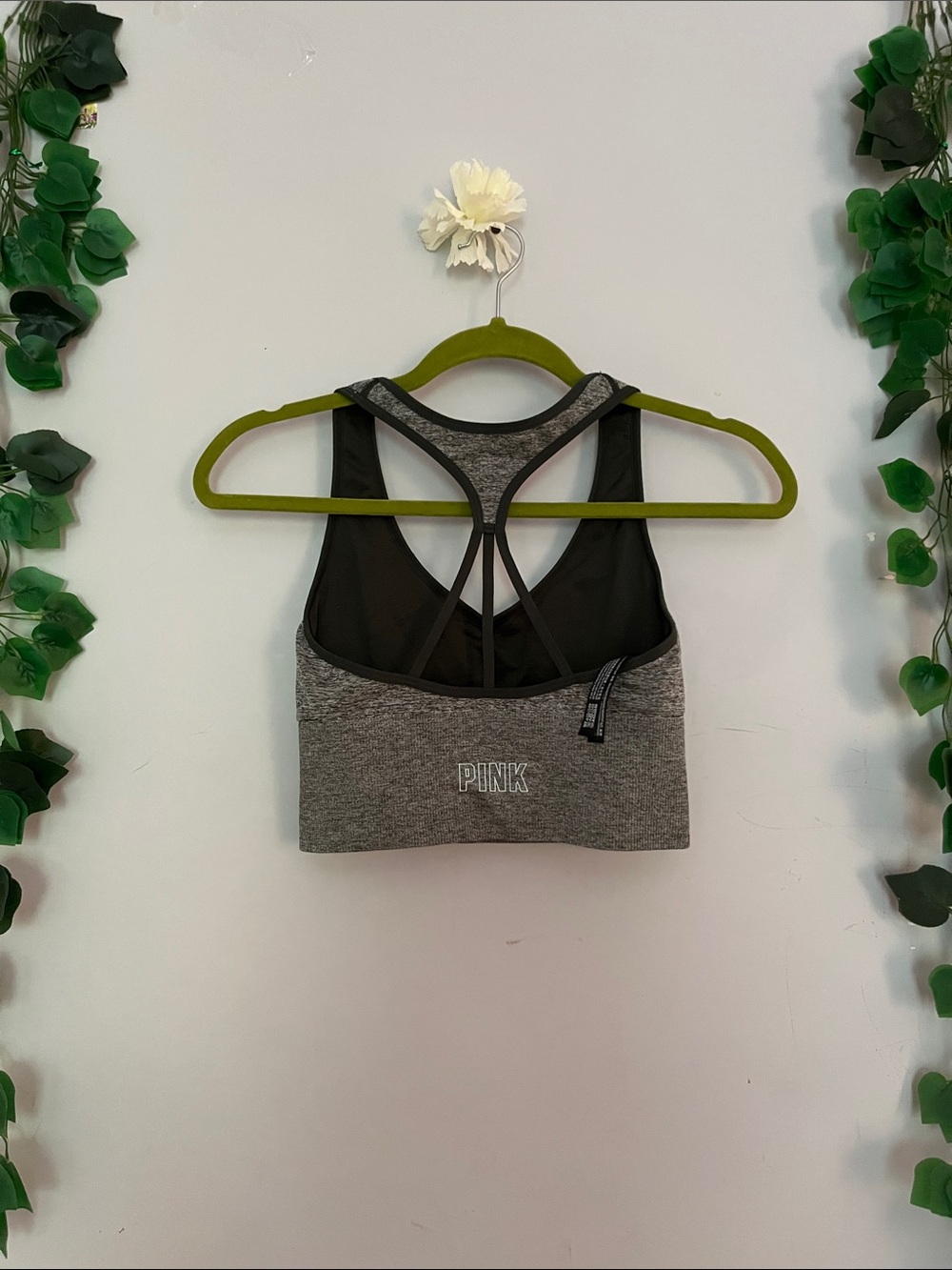 PINK Victoria's Secret Gray & Black Strappy Mesh-Back Sports Bra
